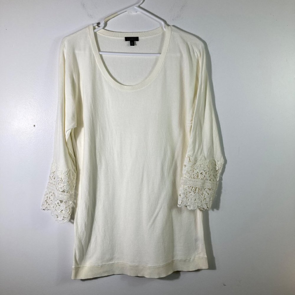 Womens Talbots 3/4 Cut Out‎ Lace Sleeve Light Summer Sweater White M